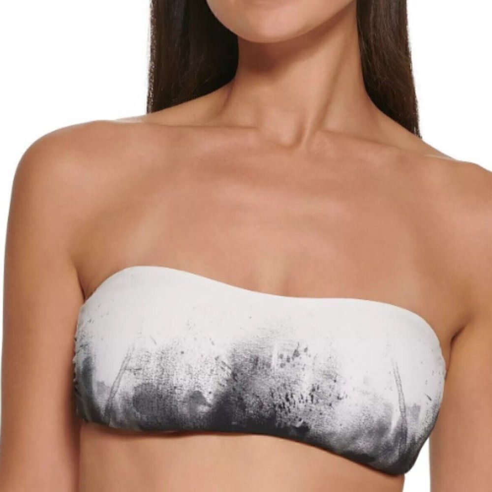NWT Calvin Klein BLACK/SOFT WHITE Removable-Straps Bandeau Swim Top, US Large